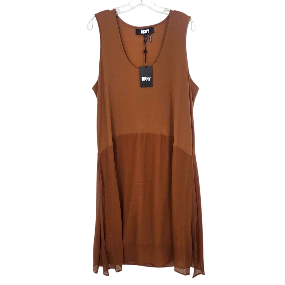 DKNY Tunic Tank Dress NEW Chiffon Stretch Womens Xl Brown Sleeveless Minimalist - Picture 2 of 15